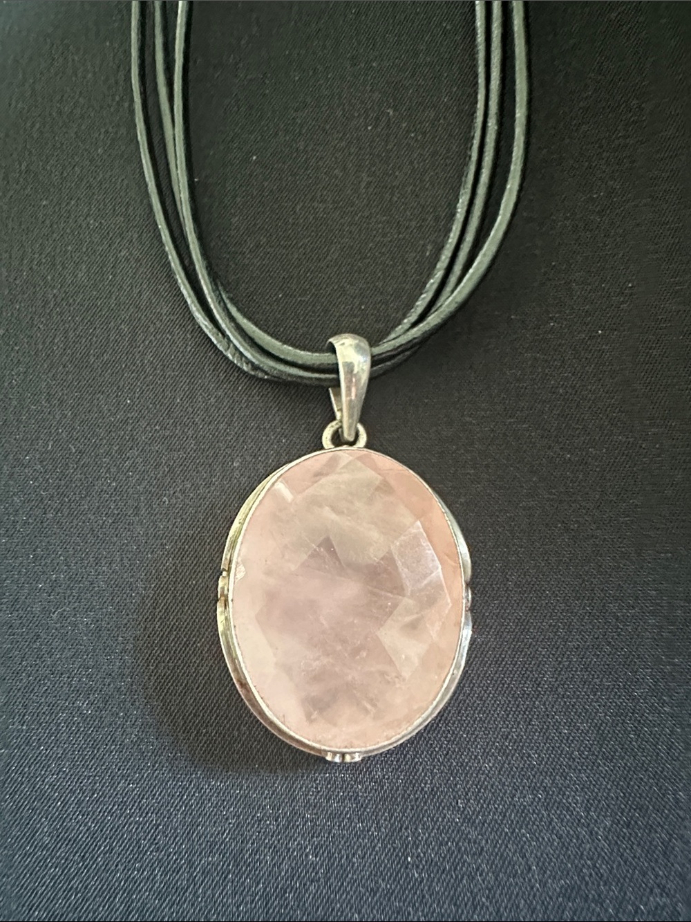 Rose quartz NWOT genuine gemstone necklace set in 925 sterling w/ black cord